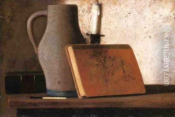 Still Life with Pitcher, Candlestock, Books and Match Oil Painting - John Frederick Peto