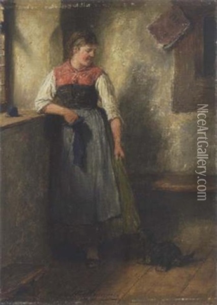 Dirndl Mit Dackel Am Fenster Oil Painting - Hugo Wilhelm Kauffmann