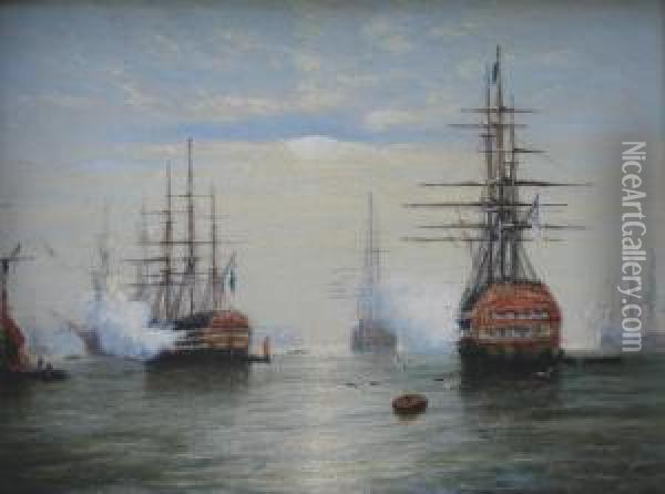 The Morning Gun; Frigates In Coastal Waters Oil Painting - Francis Maltino