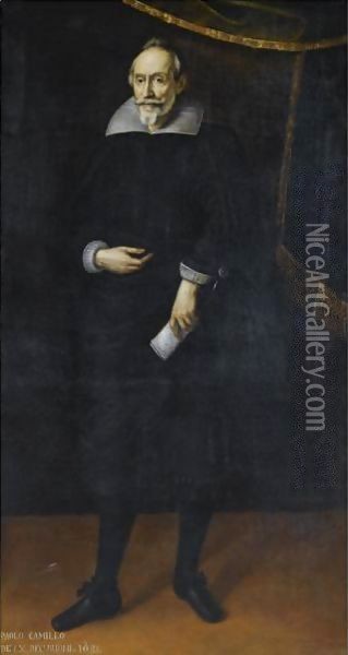 Portrait Of Paolo Camillo, Full Length, Wearing A Black Costume With A White Collar And Holding A Document Oil Painting - Lombard School