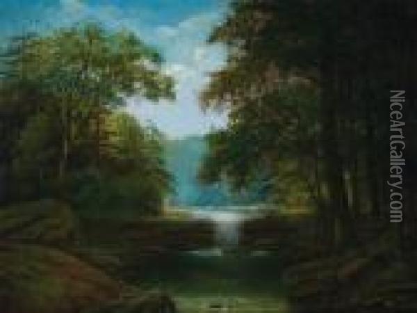 Waterfall In A Forest Interior Oil Painting - Albert F. King