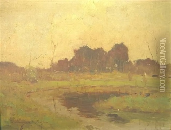 Landscape With Field And Stream In Foreground, Distant Dark Trees Oil Painting - Chauncey Foster Ryder