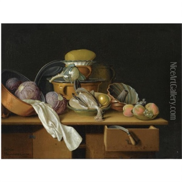 A Kitchen Still Life With Cabbages In A Pewter Pot, A Cauliflower On A Pewter Plate, A Chicken And A Pear In A Bowl, Peaches And Grapes In A Bowl, All On A Wooden Table Oil Painting - Pieter Jacob Horemans