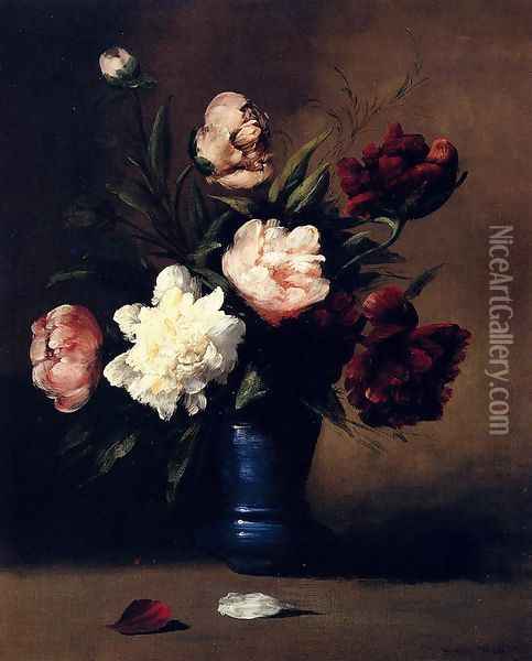 Peonies In A Blue Vase Oil Painting - Germain Theodure Clement Ribot