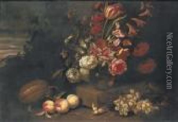 Roses, Tulips, Irises, 
Hydrangeas And Other Flowers In A Vase On Alow Plinth Flanked By Grapes 
And Peaches And Other Fruits With Thesky Beyond Oil Painting - Abraham Brueghel