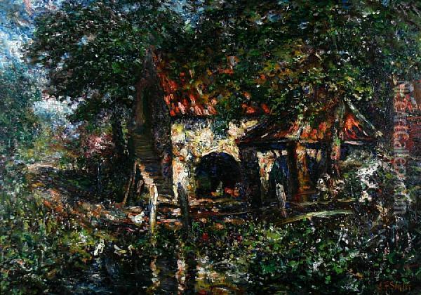 Farm House With Chickens And Byre Oil Painting - John Falconar Slater