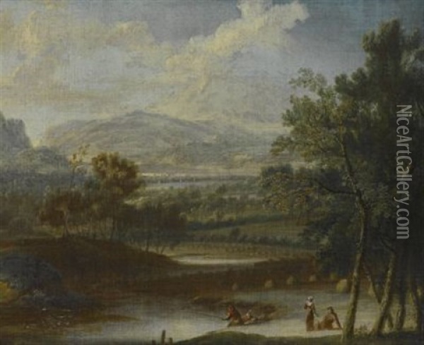 Teichlandschaft Mit Angler Und Rastendem Bauernpaar Oil Painting - Antonio Diziani