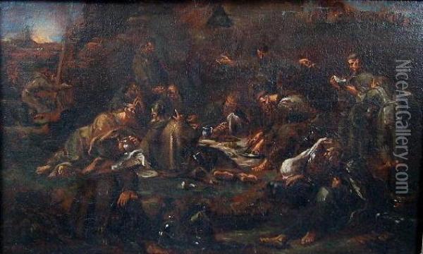 Monks At Evening Meal In Hills Of Burning Rome Oil Painting - Alessandro Magnasco