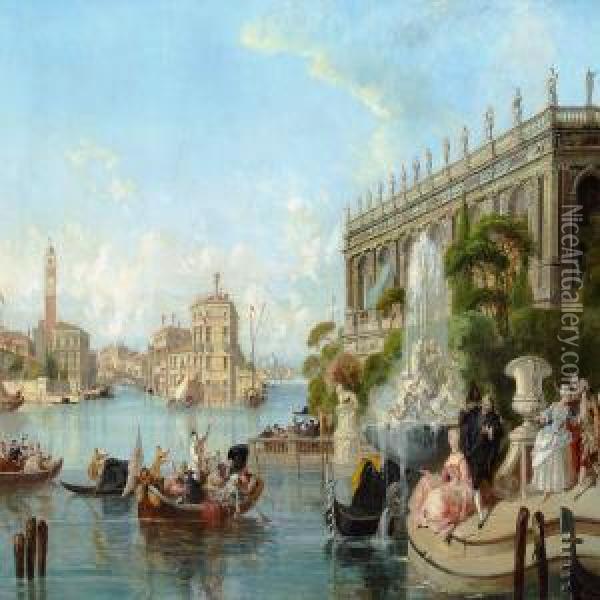 Venetian View With Elegant People Oil Painting - G. Rossi