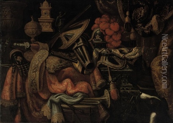 A Plumed Helmet, A Tilting Shield, A Mace And Other Arms And Armor On A Partly-draped Carved Marble Table, With A Hound Oil Painting - Antonio Tibaldi