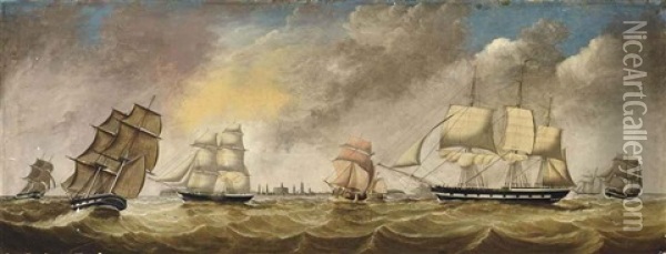 A Plethora Of Merchant Shipping In The Solent Off Hurst Castle Oil Painting - Benjamin Tindall of Hull
