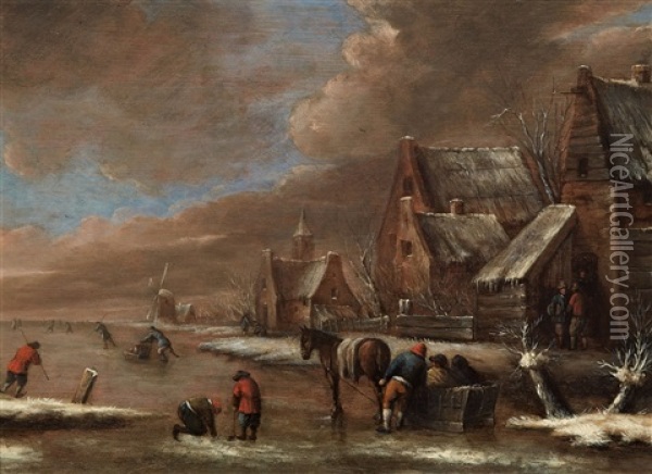 Dorfliche Winterlandschaft Mit Eislaufern Oil Painting - Nicolaes Molenaer