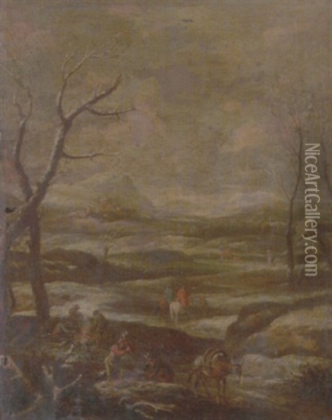 A Winter Landscape With Woodcutters And Travellers Oil Painting - Marco Ricci