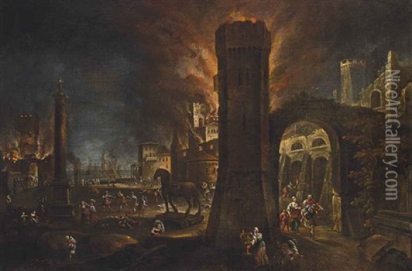 The Siege Of Troy, With Aeneas Carrying His Father Anchises Oil Painting - Paolo Fiammingo