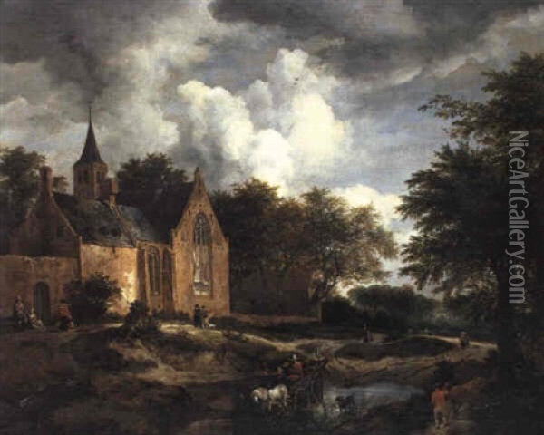 A Woodland Landscape With A Cloister Oil Painting - Jacob Van Ruisdael