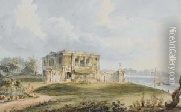 Vue De La Maison De Charles Prinsep, Ishura Sur La Riviere Hooghly Oil Painting - William Prinsep