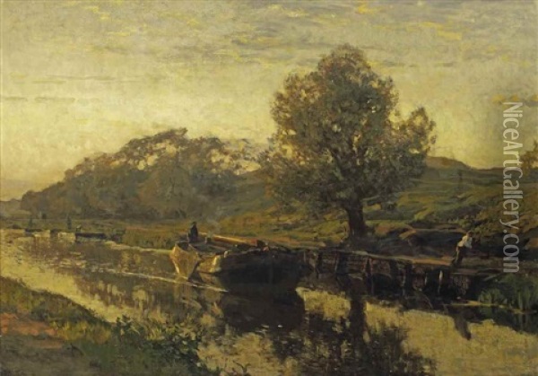 Het Kanaal Bij De Witte Brug: Early Morning Along The Canal Oil Painting - Willem Bastiaan Tholen