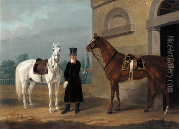 Two Saddled Mounts: A Dapple Grey And A Chestnut Horse With A Liveried Stable-hand Oil Painting - Franz Krueger