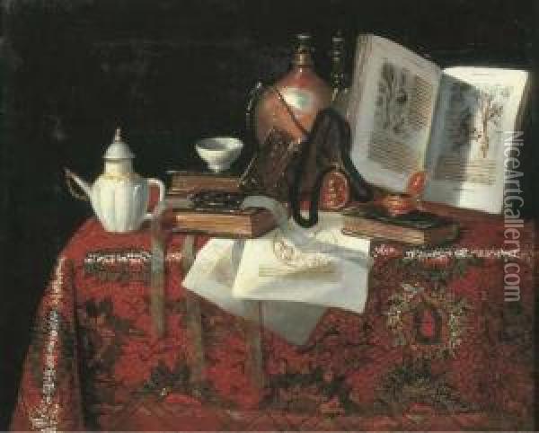 A Jug, A Teapot, A Watch, A Bowl, Books And Documents On A Draped Table Oil Painting - Pseudo Roestraten