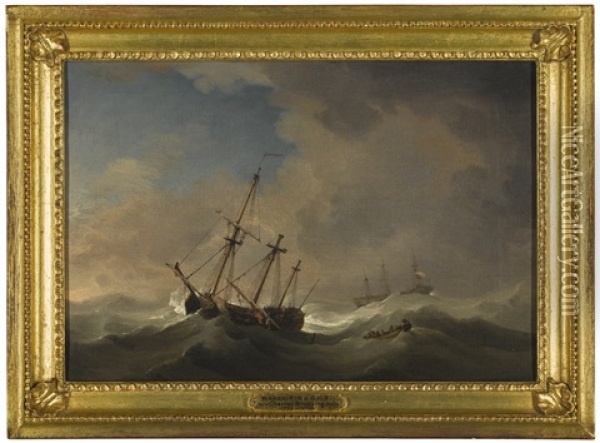 A Flagship Shortening Sail In A Gale Oil Painting - Charles Brooking