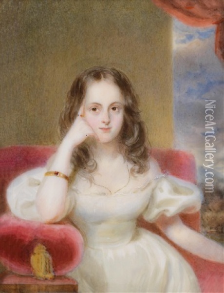 Bildnis Eines Madchens In Weisem Kleid, Auf Einem Roten Polstermobel Sitzend Vor Wolkenhintergrund Oil Painting - Alois Von Anreiter