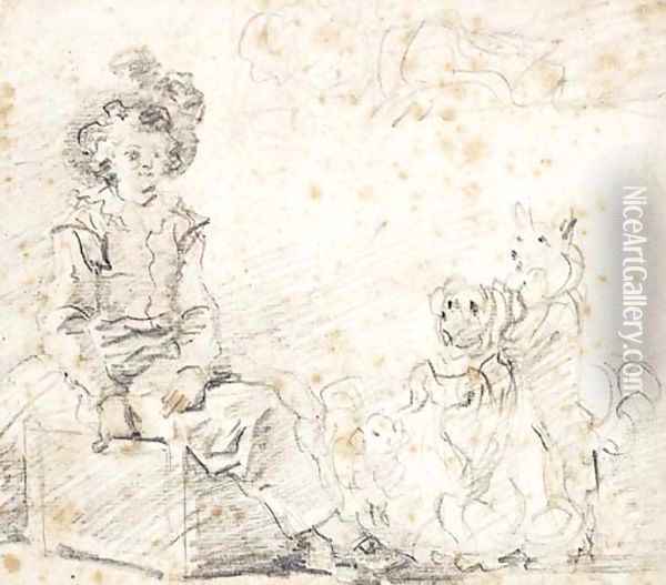Three dogs standing before a boy seated on a box Oil Painting - Jean-Honore Fragonard