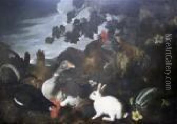 Cockerels, Goose And White Rabbit In Landscape Oil Painting - Melchior de Hondecoeter
