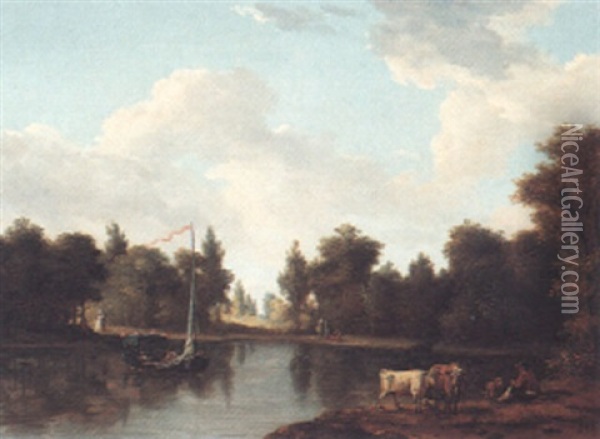 River Landscape With Figures, Cattle And A Sailing Barge Oil Painting - Louis Gabriel Moreau the Elder