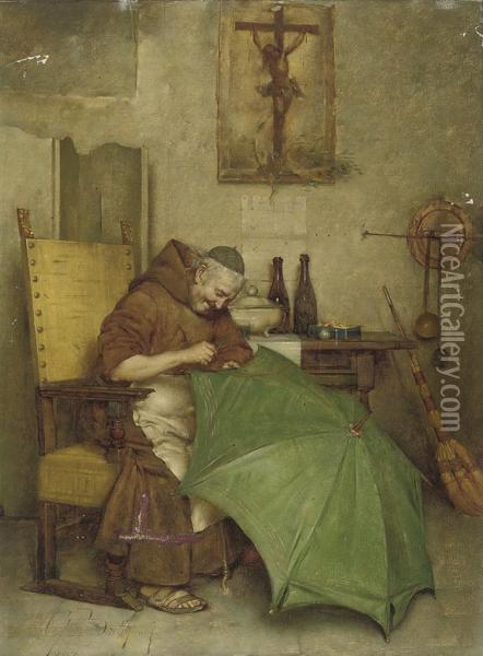 A Monk Repairing An Umbrella Oil Painting - Giuseppe Bortignoni