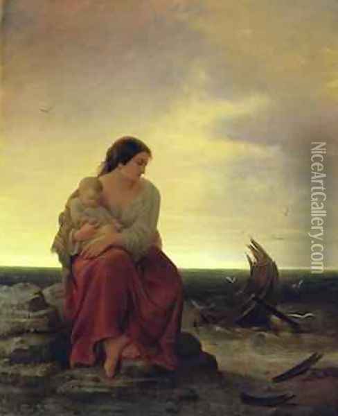 Fishermans Wife Mourning on the Beach Oil Painting - Julius Muhr