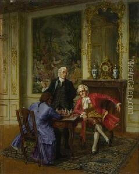 Schachspieler Im Salon. Oil Painting - Albert Julius Franke