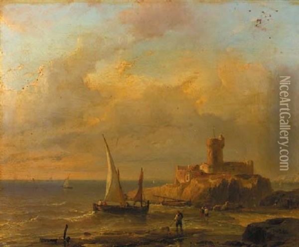 A Coastal Scene With Fishermen, A Fortress On A Rocky Outcrop In The Background Oil Painting - Johan Hendrik Meyer