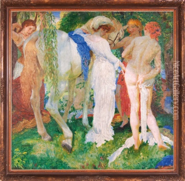 Ladies With White Horse Oil Painting - Jakub Obrovsky