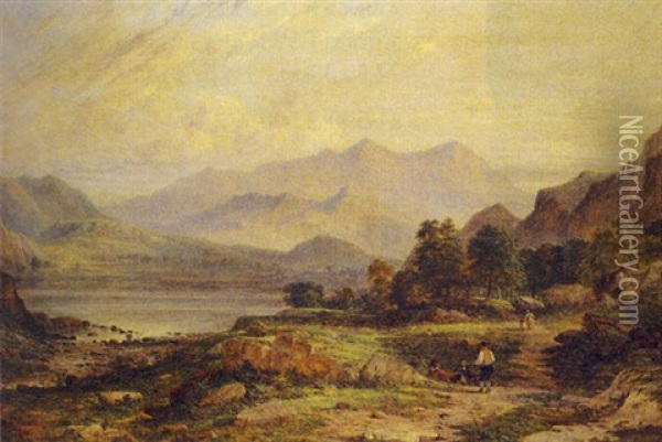 Figures In An Extensive Landscape, Mountain Beyond Oil Painting - Benjamin Shipham