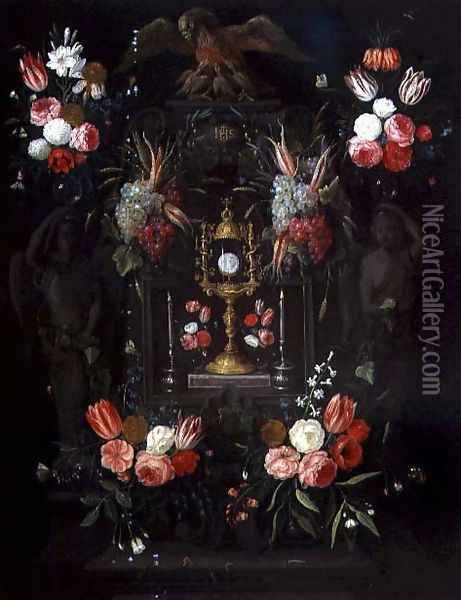 A Chalice with the Eucharist in a cartouche decorated with flowers and fruit Oil Painting - Jan van Kessel