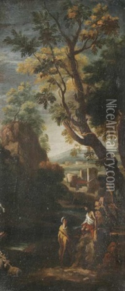 Arkadische Landschaft Mit Figurlicher Staffage Am Bach Oil Painting - Nicolas Poussin