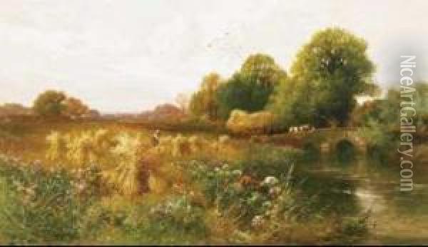 Harvesting On The Arun, Sussex Oil Painting - John Horace Hooper