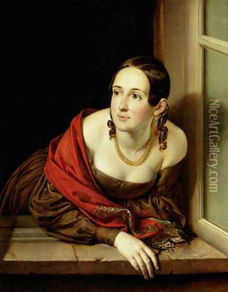 Woman at her Window or, The Wife of a Treasurer, 1841 Oil Painting - Vasili Andreevich Tropinin