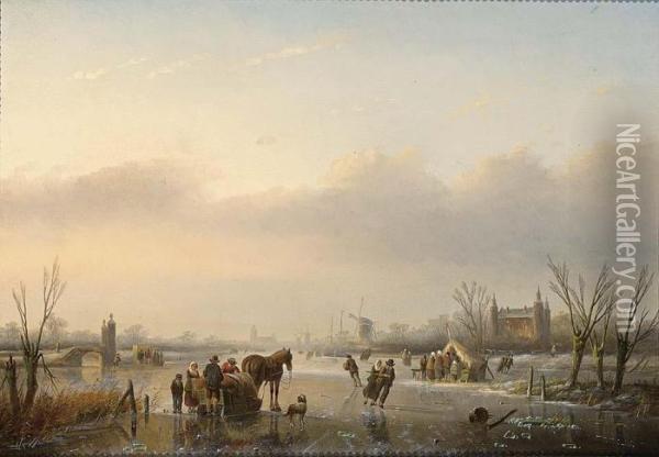 Horse And Sledge On A Frozen 
Waterway A A'koek En Zopiea' In The Distance Oil Painting - Jan Jacob Coenraad Spohler