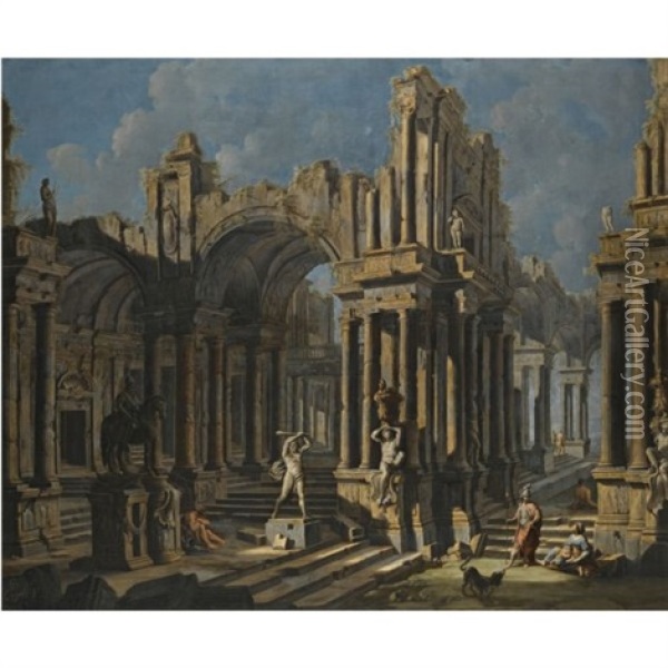 An Architectural Capriccio With A Statue Of Hercules And Figures In Classical Costume Oil Painting - Pietro Cappelli