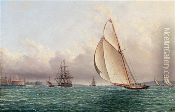 Racing In New York Harbor Off Castle William And Govenor's Island Oil Painting - James Edward Buttersworth