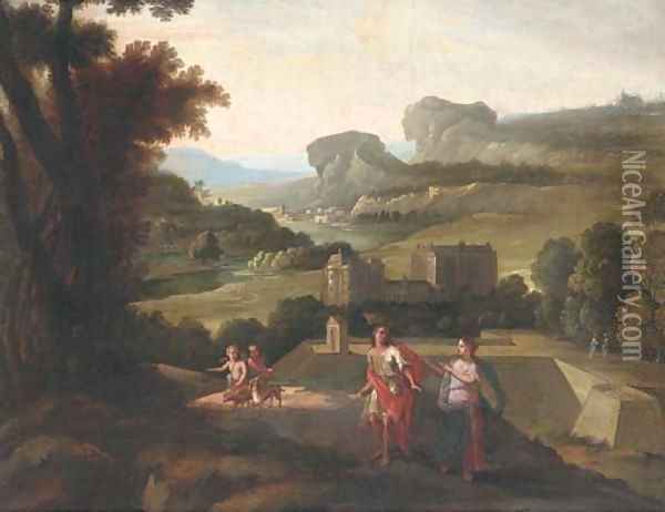An Italianate landscape with an amorous couple before a villa Oil Painting - Nicolas Poussin