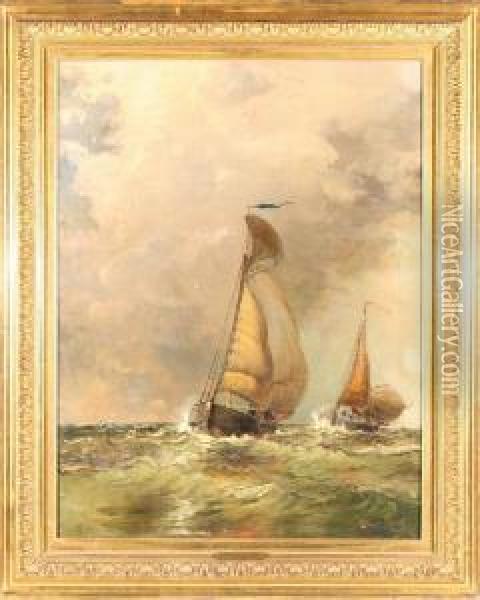 Sailboats On A Frothy Sea Oil Painting - Arthur Quartley