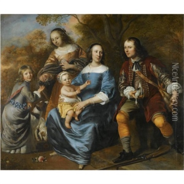 Portrait Of A Family; , A Mother Sitting, Dressed In Blue, With Three Young Children And A Young Man With A Gun (her Husband?), In A Landscape Oil Painting - Jakob van Loo