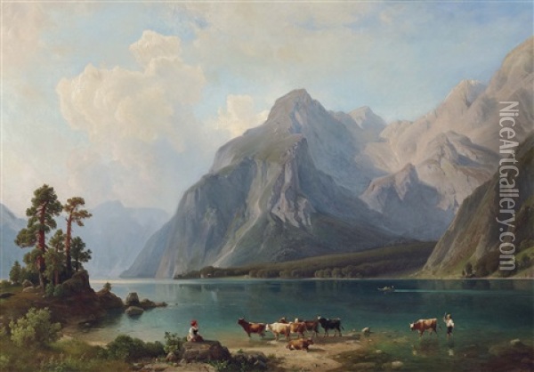 Cattle Herders On The Shore Of Lake Konigssee Oil Painting - Heinrich Steinike