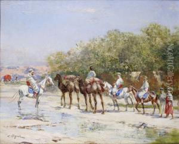Caravane Arrivant Au Point Deau De El Outaya Oil Painting - Victor Pierre Huguet