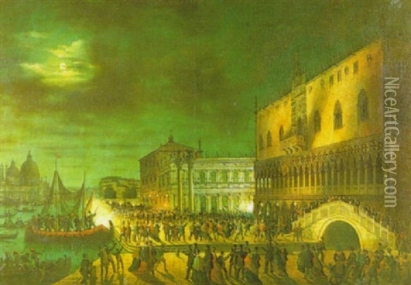 Carnivale At The Piazza San Marco, Venice At Night Oil Painting - Carlo Grubacs