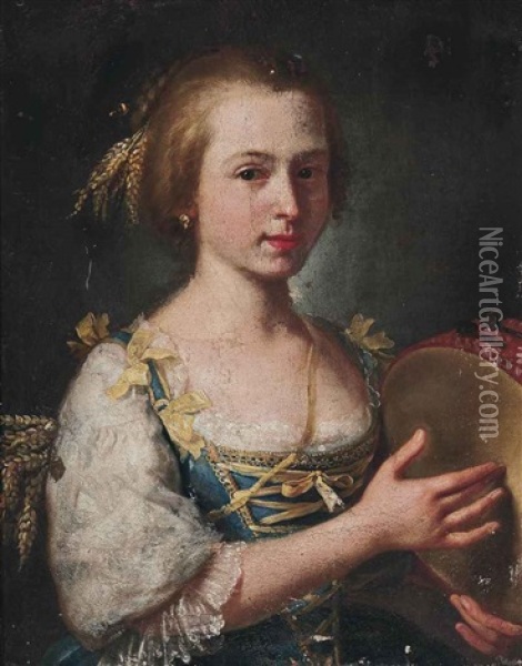A Girl Playing A Tambourine Oil Painting - Giuseppe Bonito