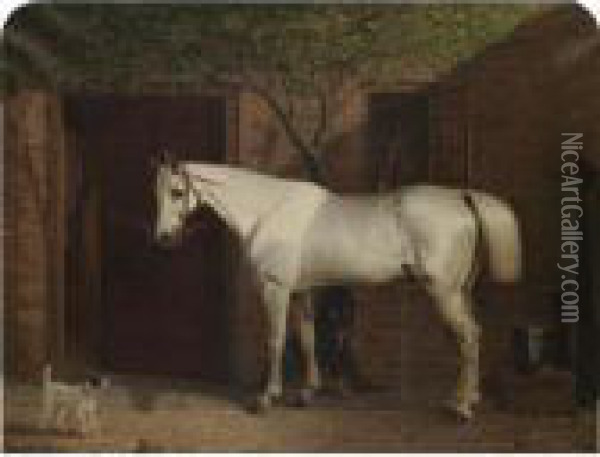 A Grey Hunter Outside The Stables With Two Dogs Oil Painting - Thomas Woodward