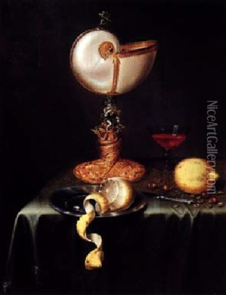 Still Life With A Nautilus Cup, A Peeled Lemon On A Pewter Plate, Nuts, A Knife, A Glass, All On A Table Draped With A Green Cloth Oil Painting - Maerten Boelema De Stomme